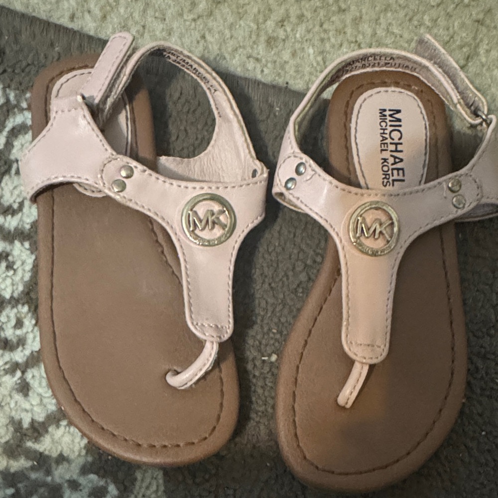Michael Kors Toddler Light Pink Leather T-Strap Sandals with Gold MK Accent